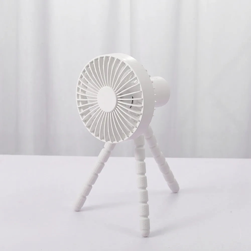 USB rechargeable portable desk fan with adjustable octopus tripod in black, green, pink, or white.