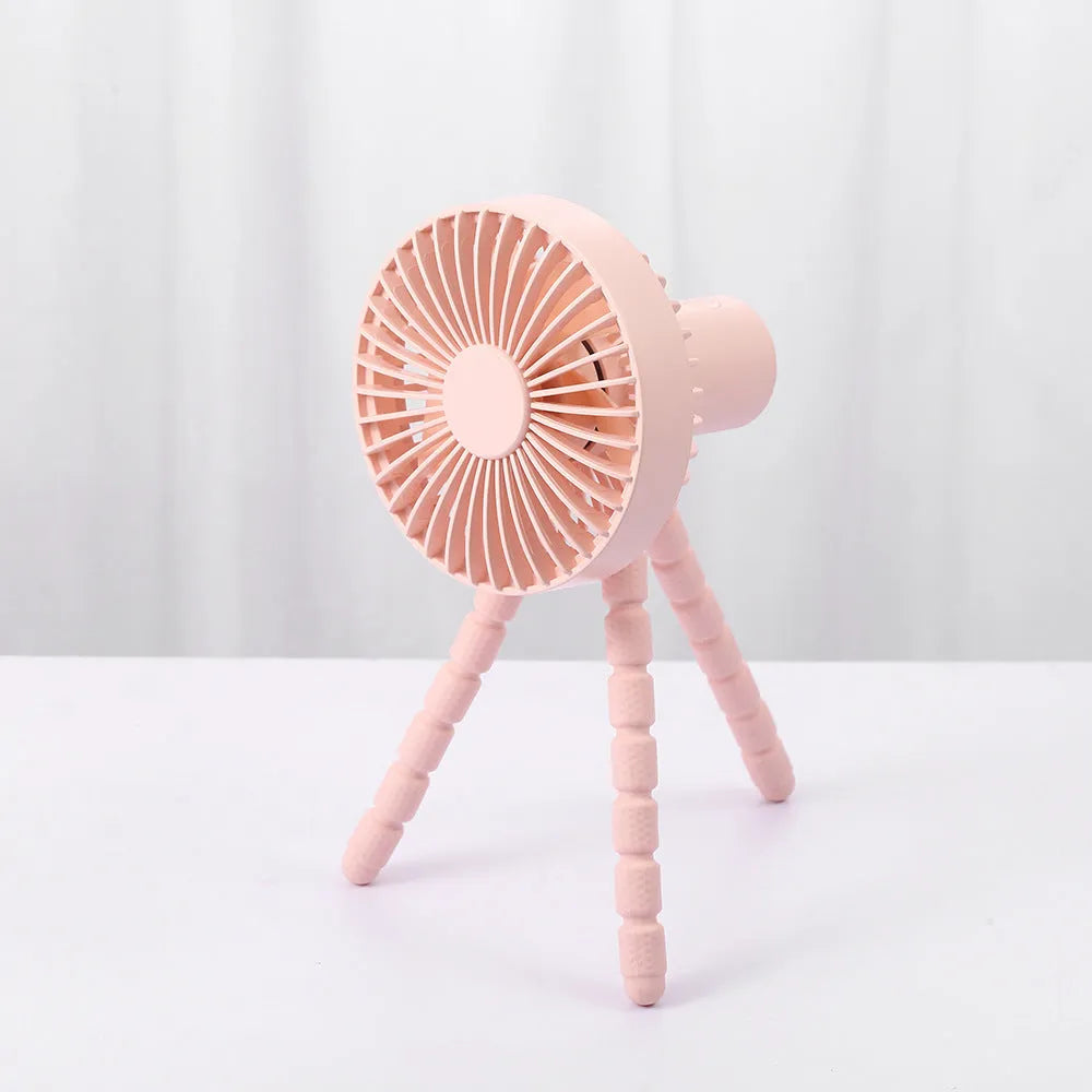 USB rechargeable portable desk fan with adjustable octopus tripod in black, green, pink, or white.