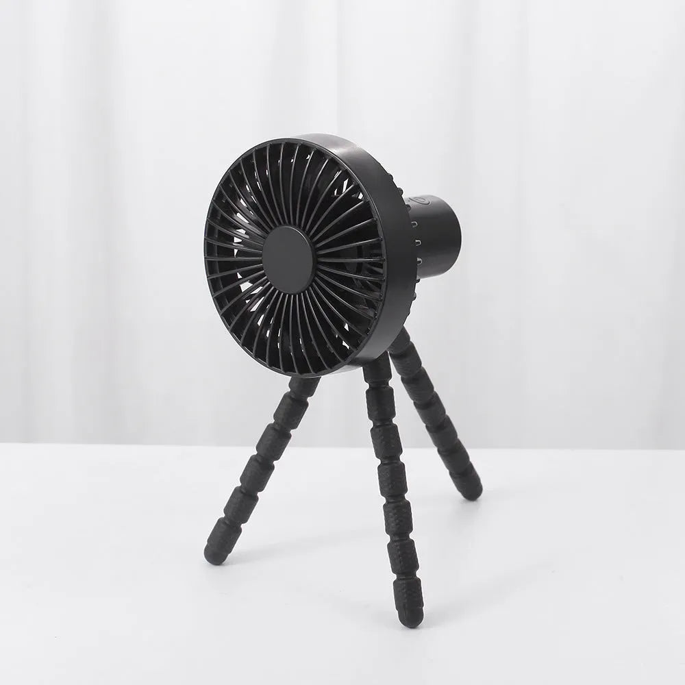 USB rechargeable portable desk fan with adjustable octopus tripod in black, green, pink, or white.
