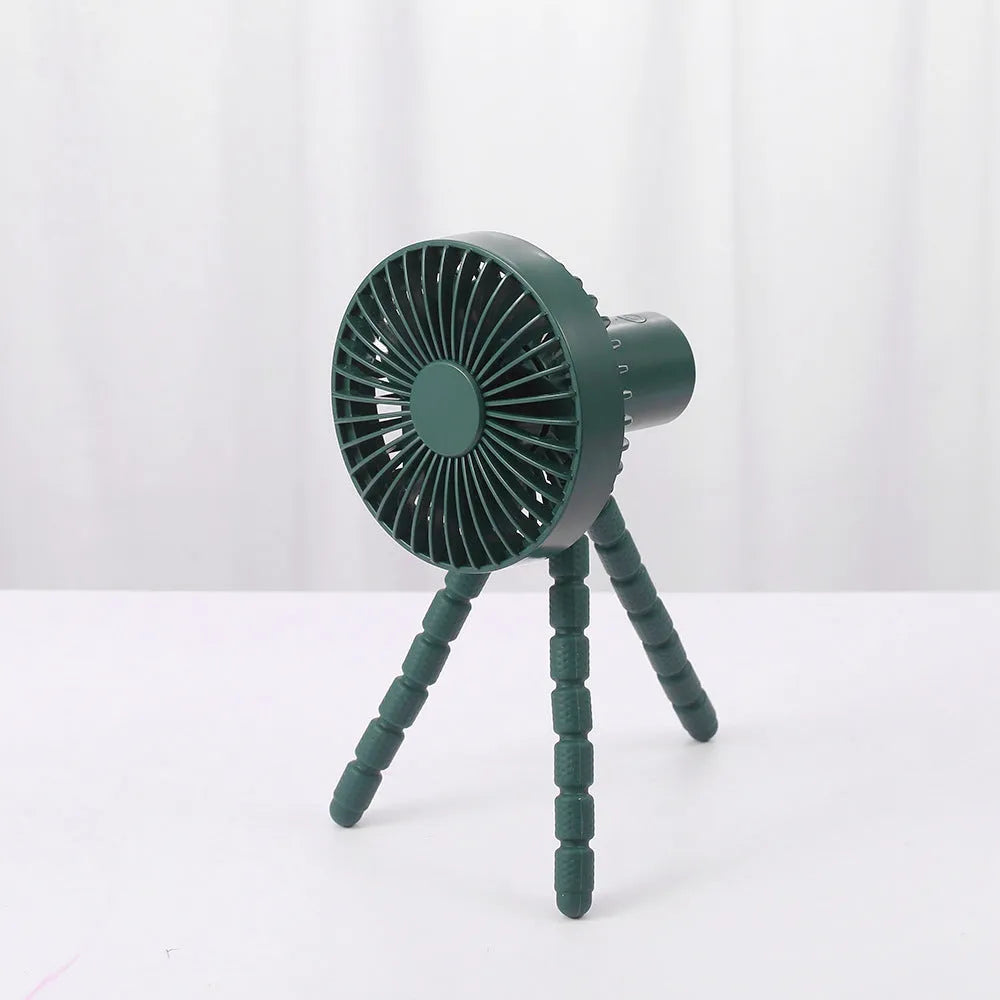 USB rechargeable portable desk fan with adjustable octopus tripod in black, green, pink, or white.