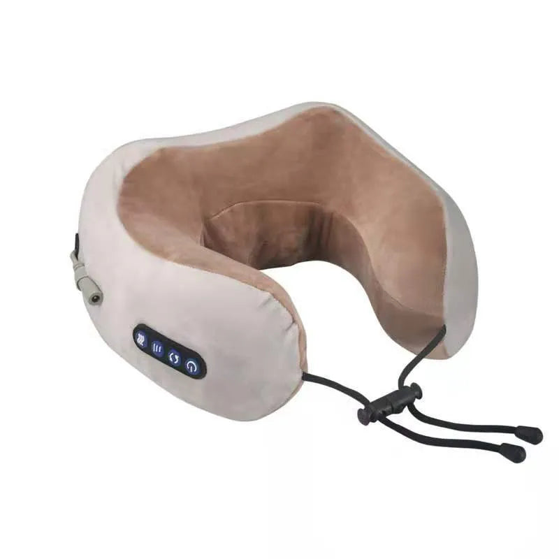 Brown U-shaped electric neck massage pillow with control buttons for kneading and heat functions.