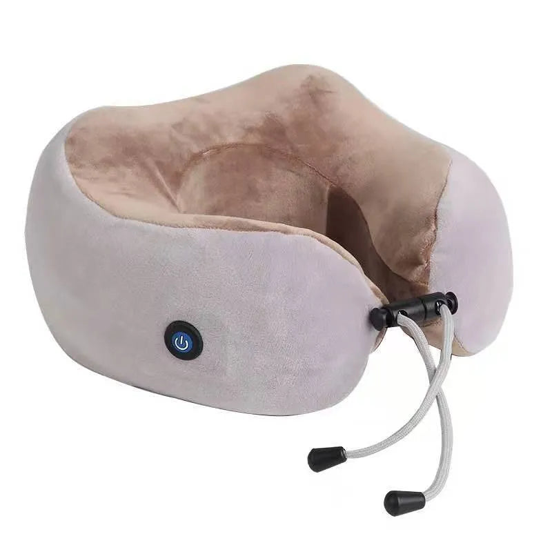 Brown U-shaped electric neck massage pillow with control buttons for kneading and heat functions.
