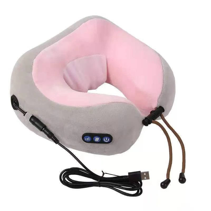 Brown U-shaped electric neck massage pillow with control buttons for kneading and heat functions.