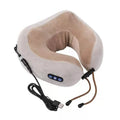 Brown U-shaped electric neck massage pillow with control buttons for kneading and heat functions.