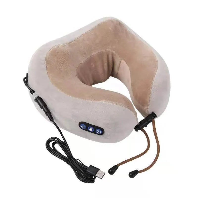 Brown U-shaped electric neck massage pillow with control buttons for kneading and heat functions.