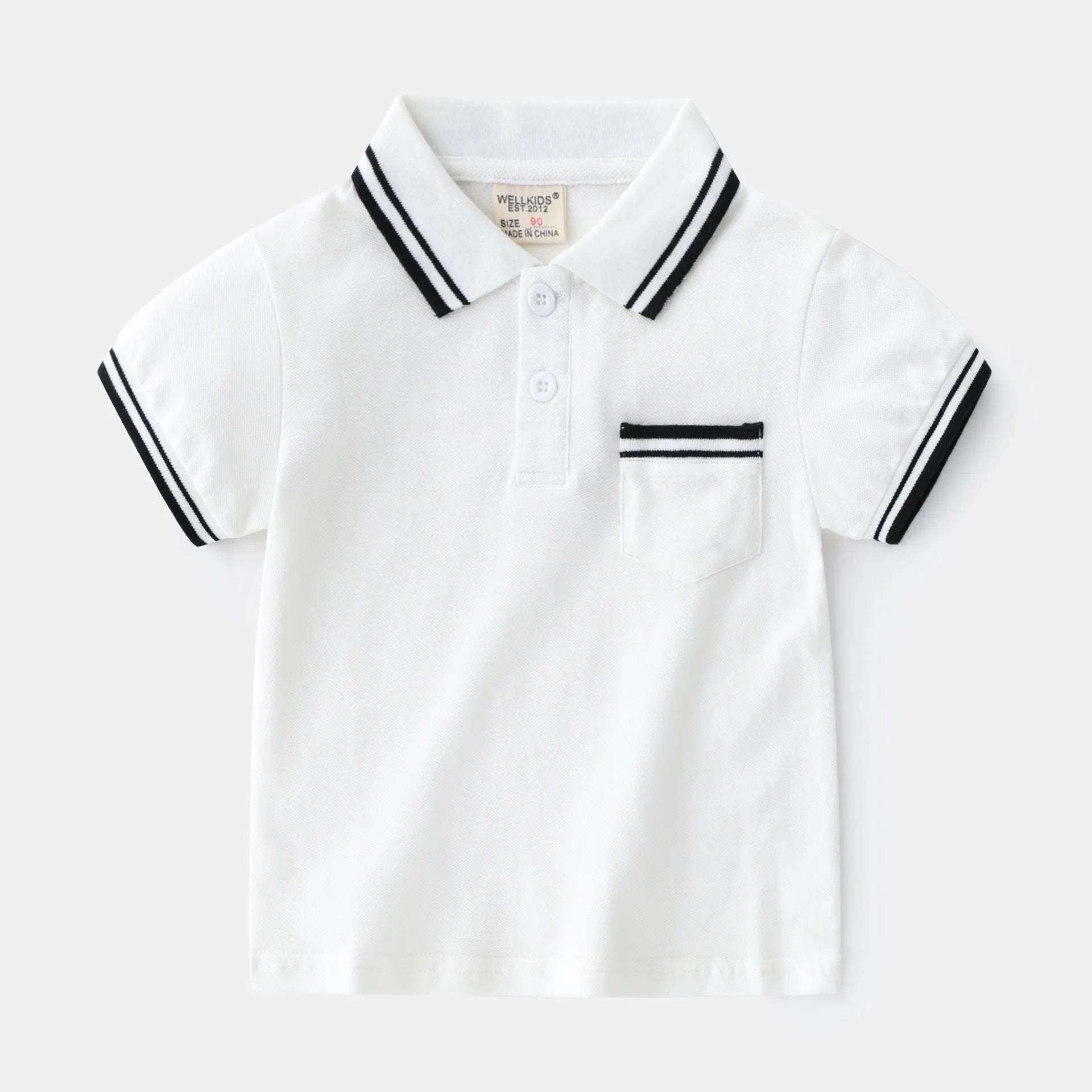 Boys' white cotton polo shirt with short sleeves and round neck on hanger