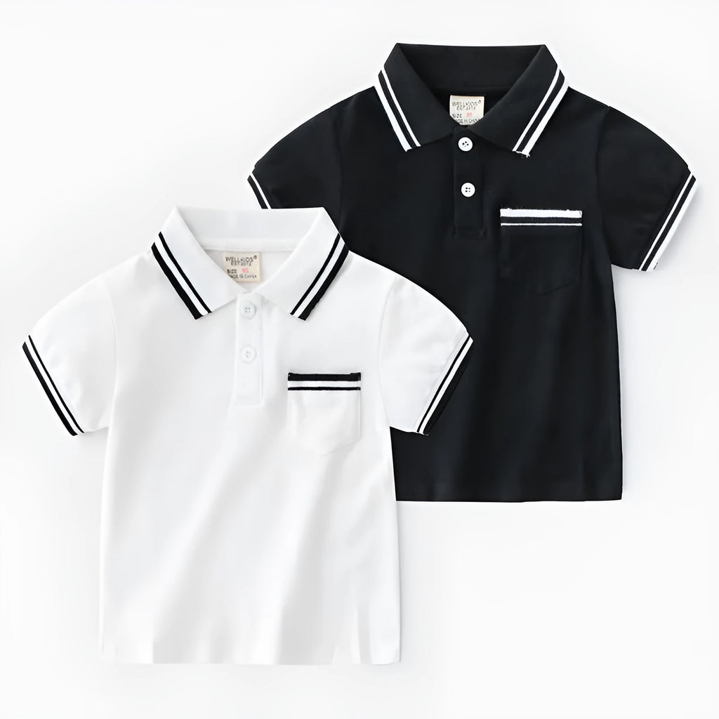 Boys' white cotton polo shirt with short sleeves and round neck on hanger