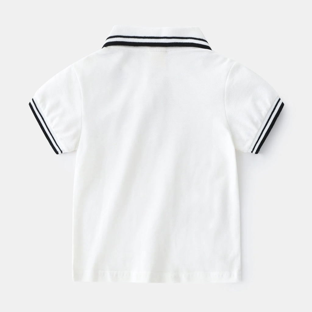 Boys' white cotton polo shirt with short sleeves and round neck on hanger
