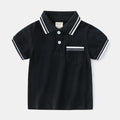 Boys' white cotton polo shirt with short sleeves and round neck on hanger