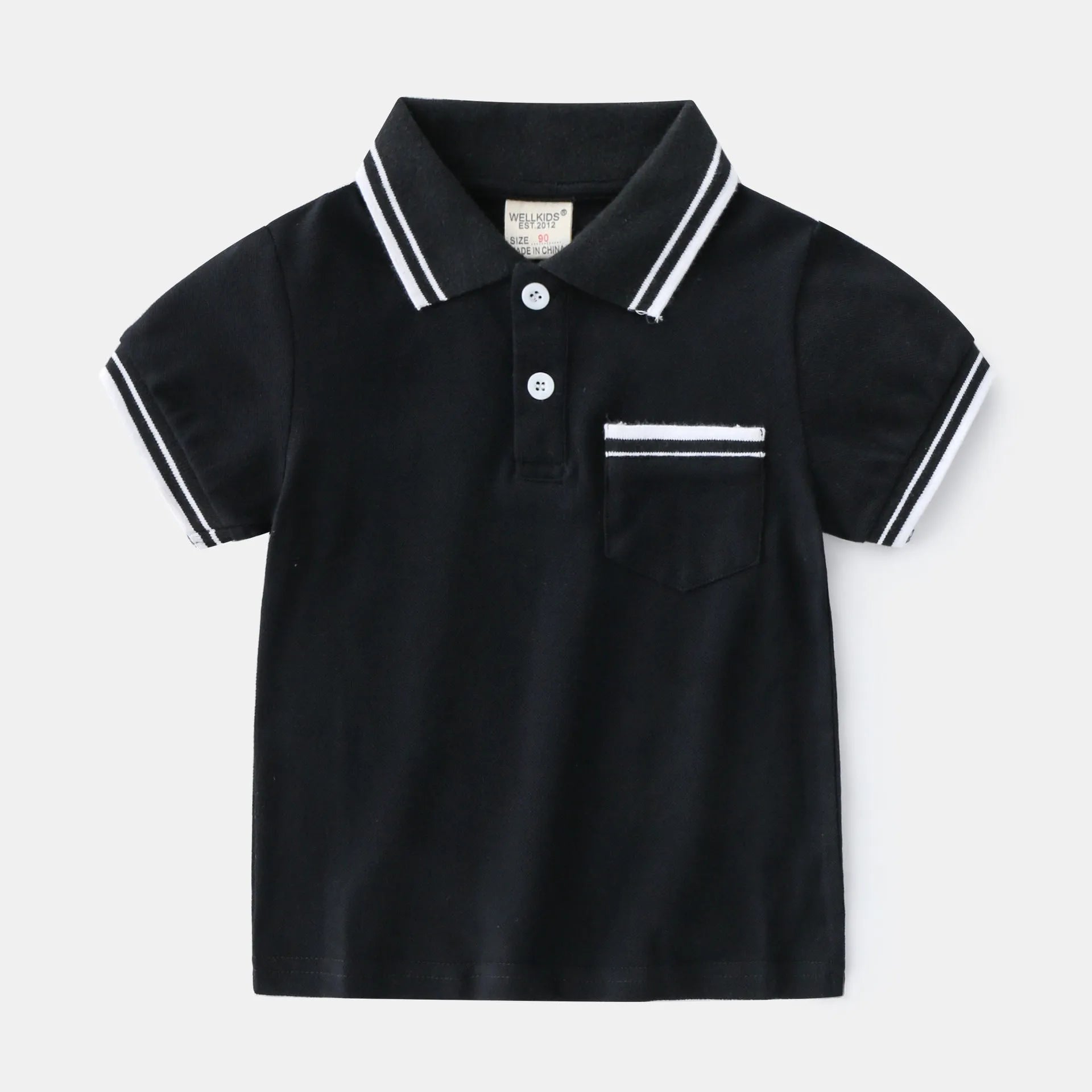 Boys' white cotton polo shirt with short sleeves and round neck on hanger