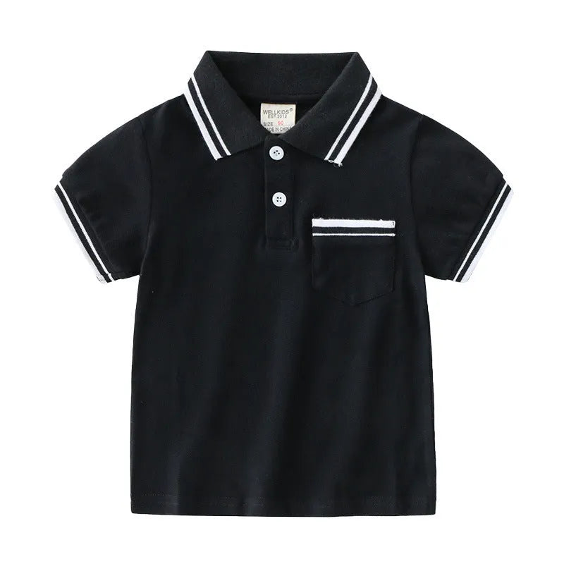 Boys' white cotton polo shirt with short sleeves and round neck on hanger