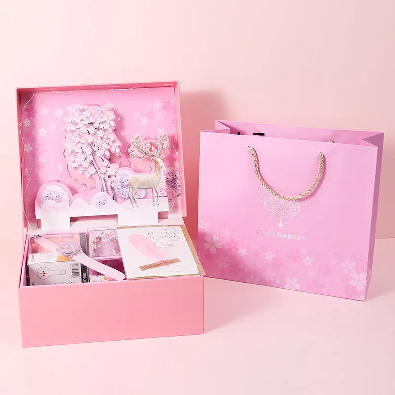 Student stationery set gift box with three-dimensional paper design, Blue and Pink colour options, featuring Lucky Reindeer and Pegasus Starry Sky themes