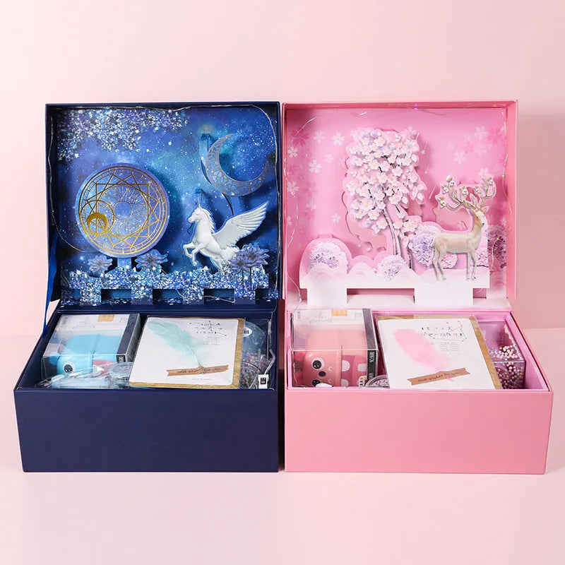 Student stationery set gift box with three-dimensional paper design, Blue and Pink colour options, featuring Lucky Reindeer and Pegasus Starry Sky themes
