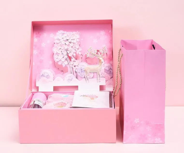 Student stationery set gift box with three-dimensional paper design, Blue and Pink colour options, featuring Lucky Reindeer and Pegasus Starry Sky themes