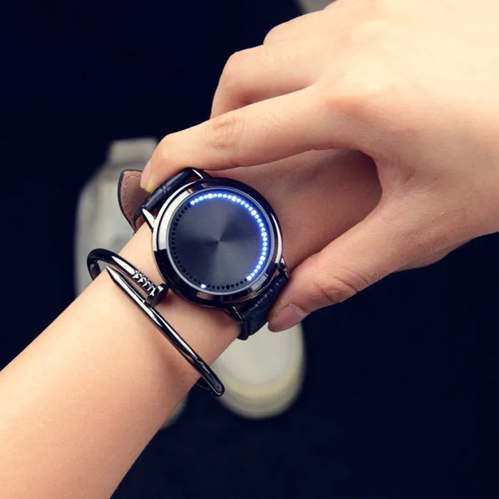 Electronic digital watch with blue LED display in black or white casual style