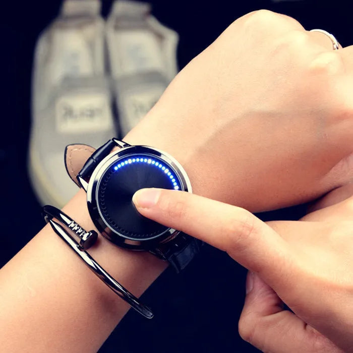 Electronic digital watch with blue LED display in black or white casual style