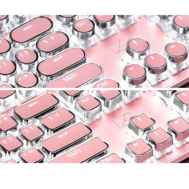 Queen Lipstick mechanical keyboard with green switches, white backlight, silver base and pink accents.
