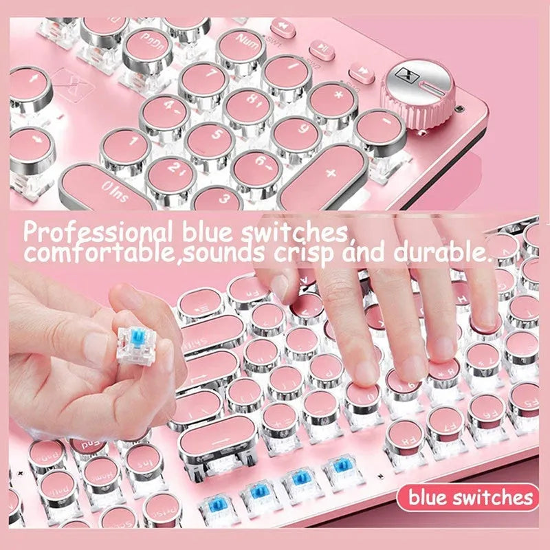 Queen Lipstick mechanical keyboard with green switches, white backlight, silver base and pink accents.
