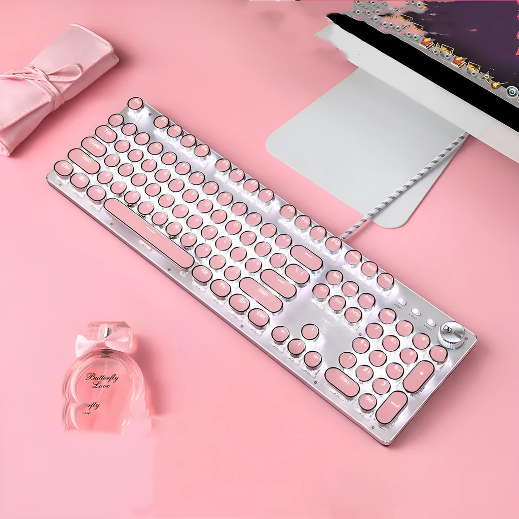 Queen Lipstick mechanical keyboard with green switches, white backlight, silver base and pink accents.