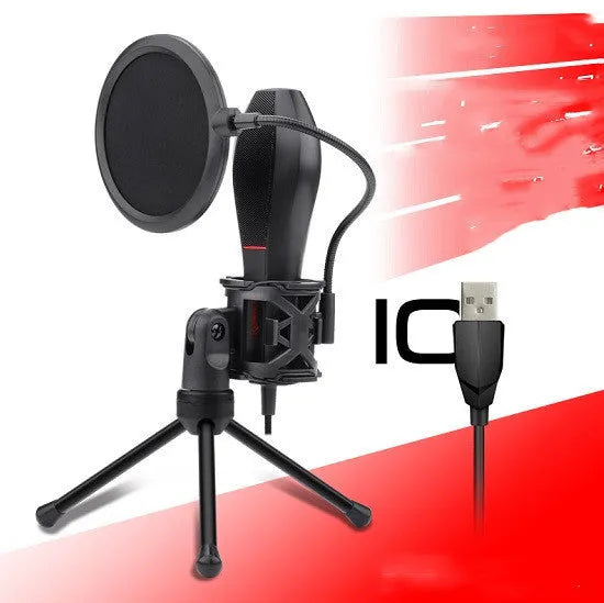 Black wired live broadcast microphone with noise reduction for game anchors and streaming.