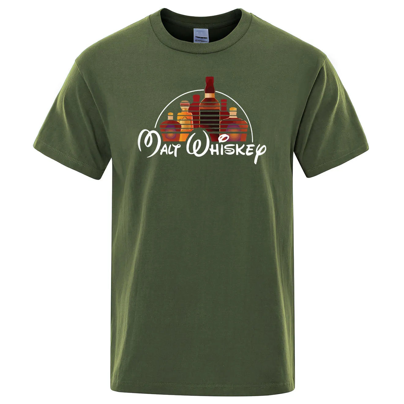 Men's extra-wide fit cotton t-shirt with Malt Whiskey graphic print in blue, front view