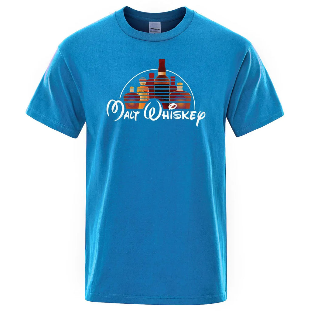 Men's extra-wide fit cotton t-shirt with Malt Whiskey graphic print in blue, front view