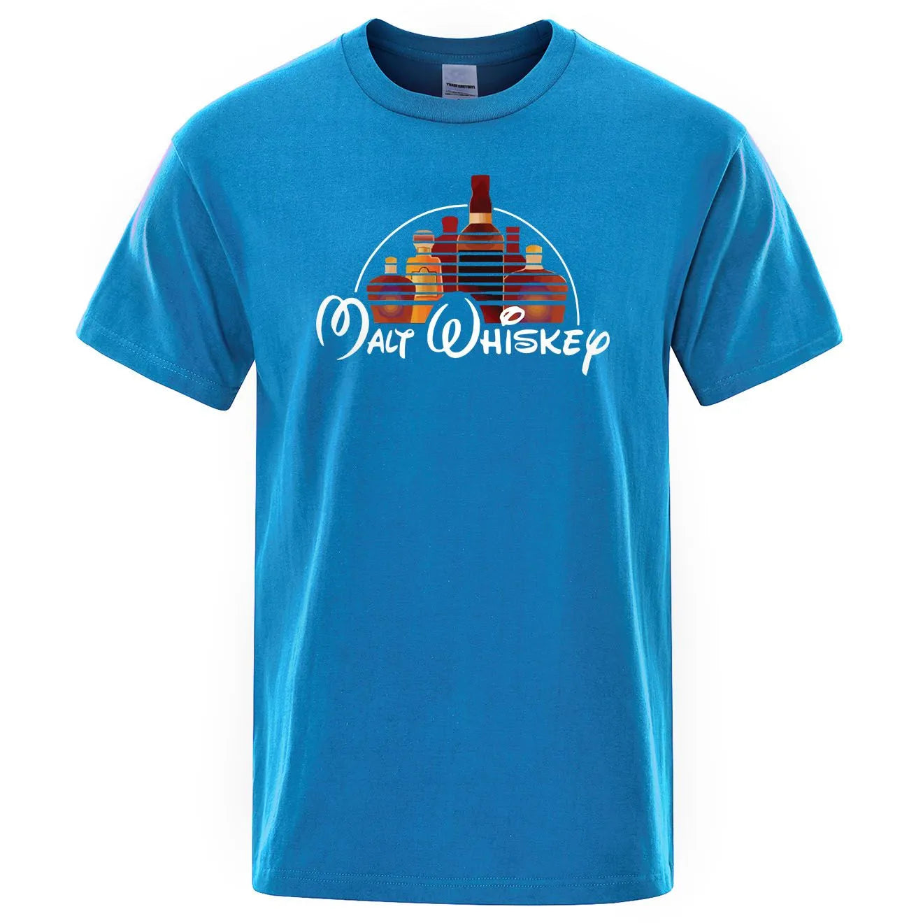 Men's extra-wide fit cotton t-shirt with Malt Whiskey graphic print in blue, front view