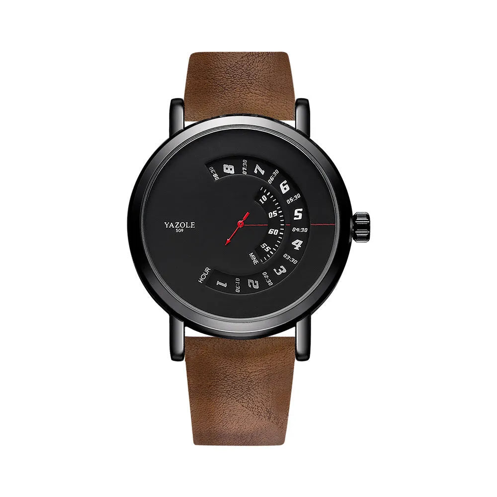 Men's waterproof quartz watch with turntable dial, metal case and mineral glass