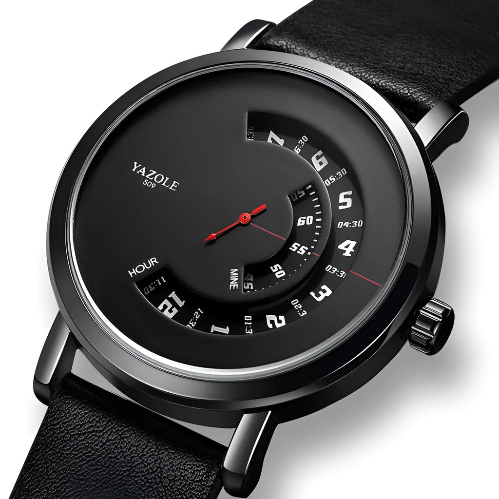 Men's waterproof quartz watch with turntable dial, metal case and mineral glass