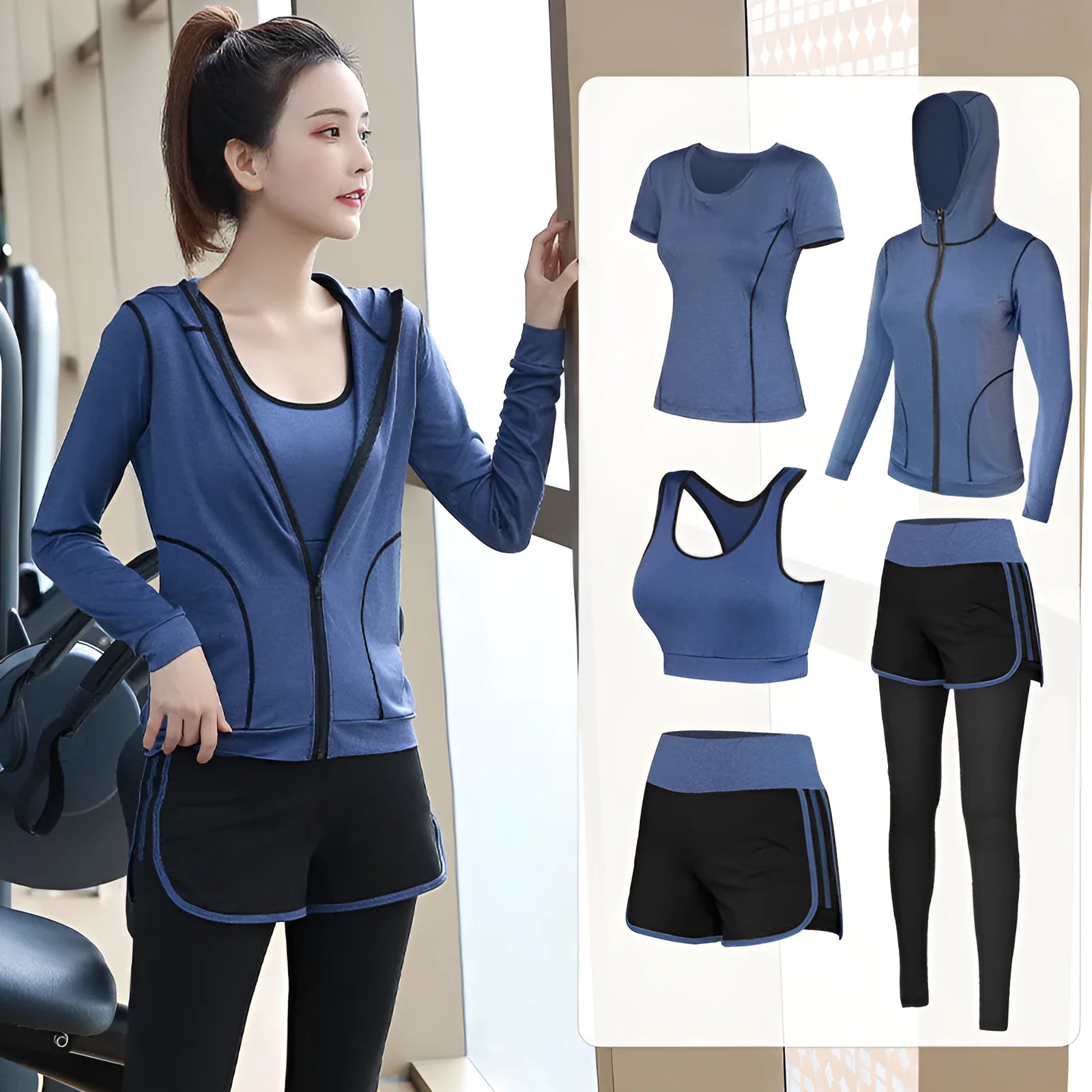 Blue loose fit quick-drying yoga sports suit with short sleeves for autumn gym wear