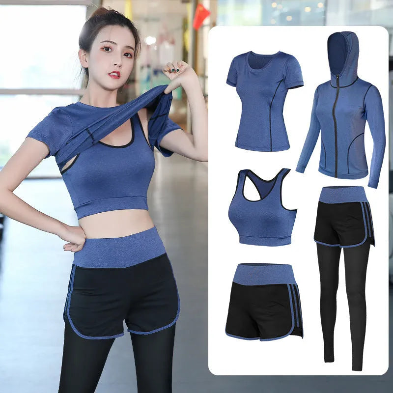 Blue loose fit quick-drying yoga sports suit with short sleeves for autumn gym wear