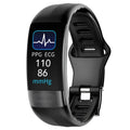Smart health bracelet with ECG monitoring showing black, green, blue and red colour options on wrist