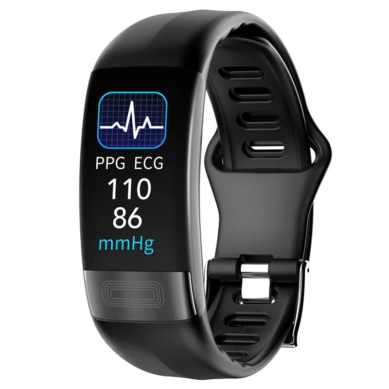 Smart health bracelet with ECG monitoring showing black, green, blue and red colour options on wrist
