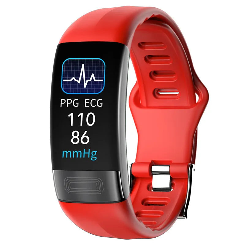 Smart health bracelet with ECG monitoring showing black, green, blue and red colour options on wrist