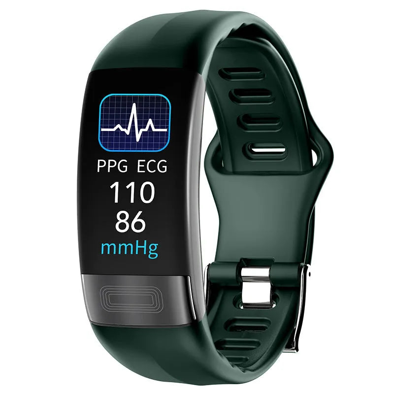 Smart health bracelet with ECG monitoring showing black, green, blue and red colour options on wrist