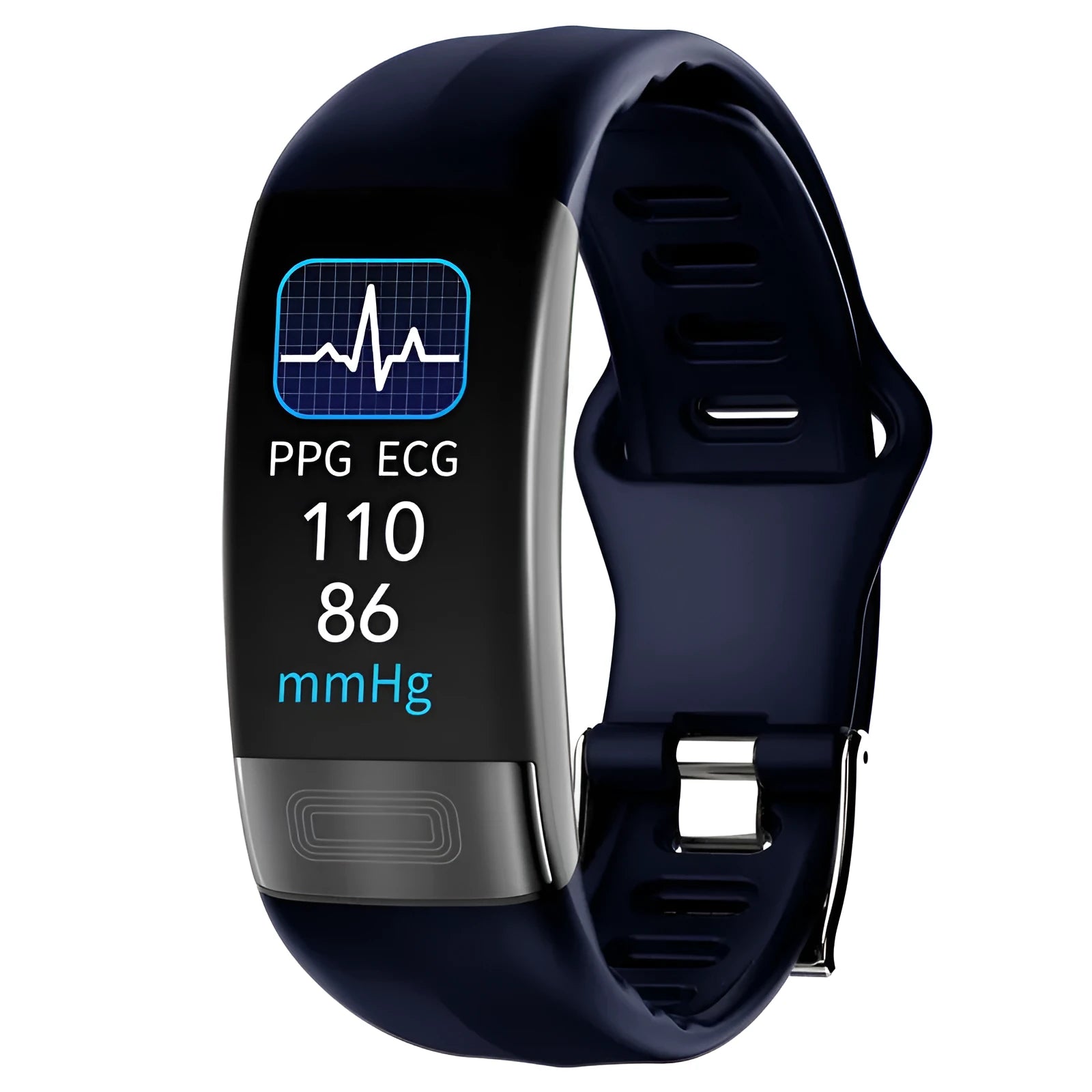 Smart health bracelet with ECG monitoring showing black, green, blue and red colour options on wrist