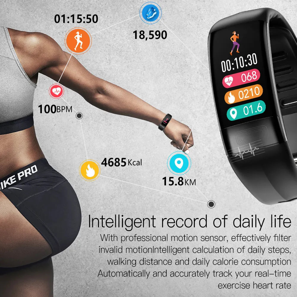 Smart health bracelet with ECG monitoring showing black, green, blue and red colour options on wrist