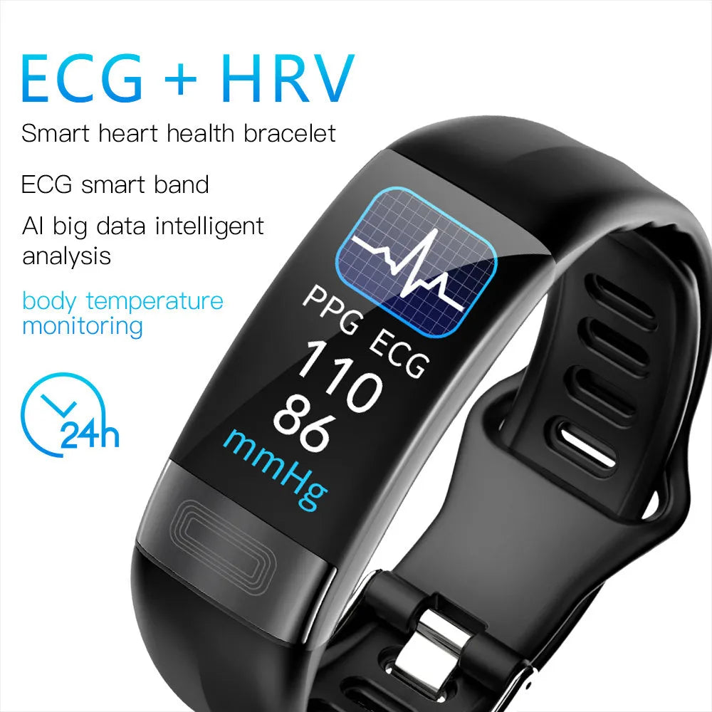Smart health bracelet with ECG monitoring showing black, green, blue and red colour options on wrist