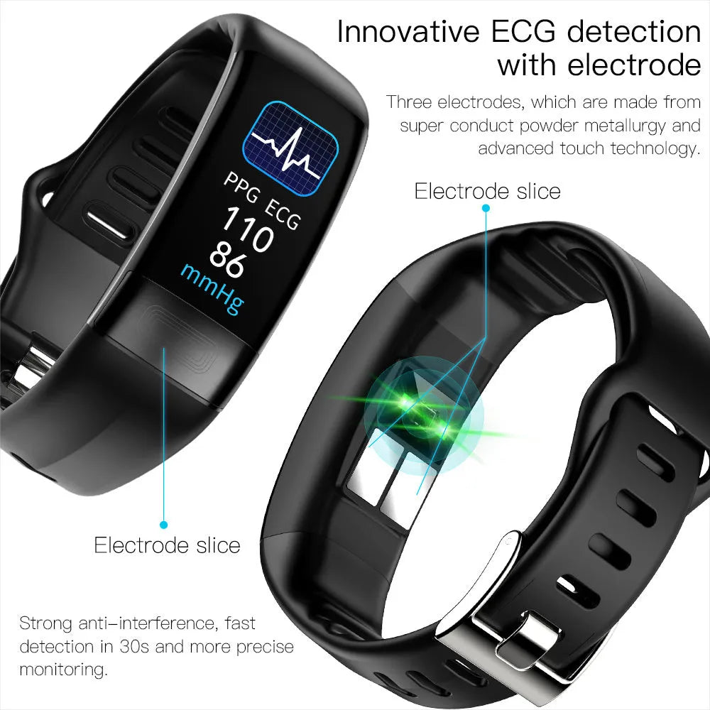 Smart health bracelet with ECG monitoring showing black, green, blue and red colour options on wrist