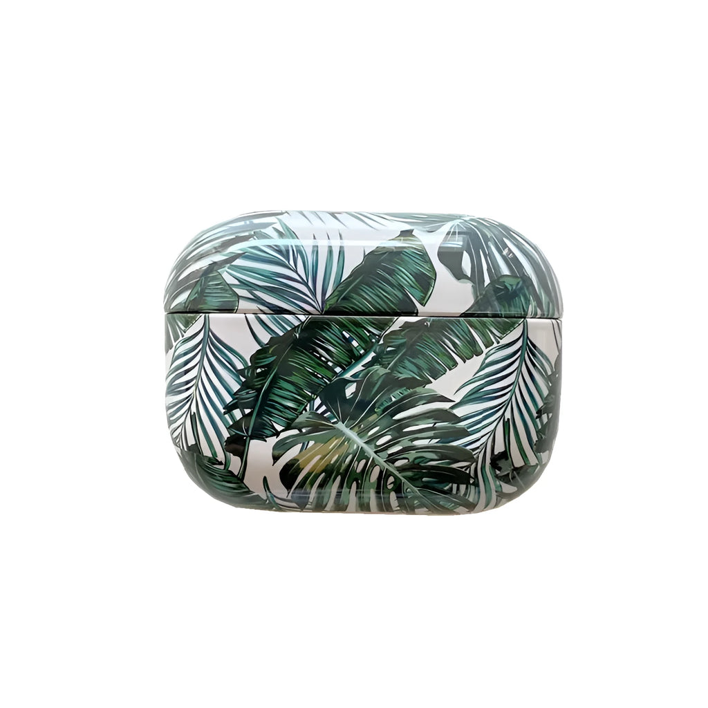 Blue and green soft TPU AirPods cases featuring a painted tropical banana leaves pattern.
