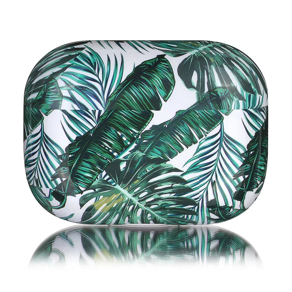 Blue and green soft TPU AirPods cases featuring a painted tropical banana leaves pattern.