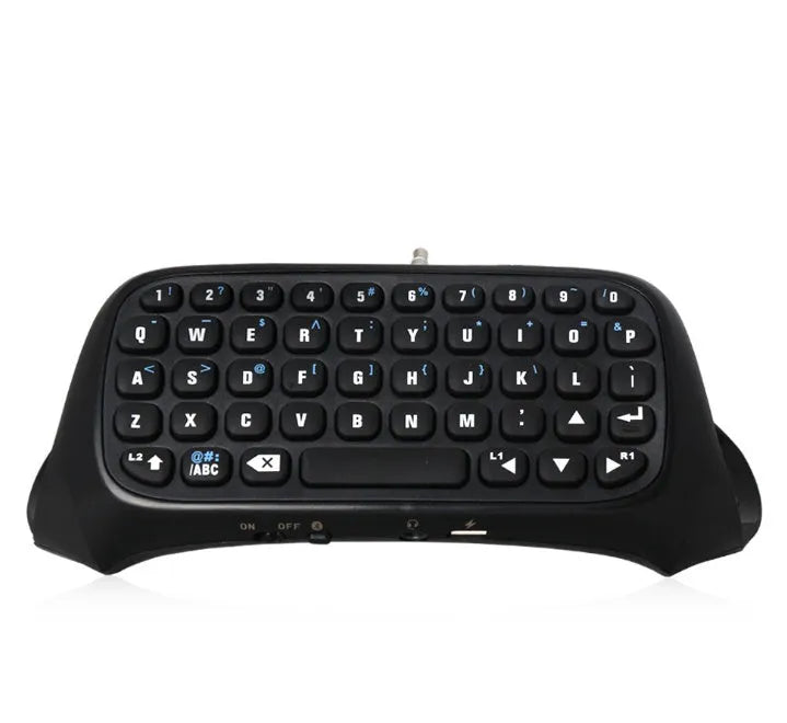 Black Bluetooth gamepad keyboard for PS4 voice chat input, 17.2 cm wide, on black background