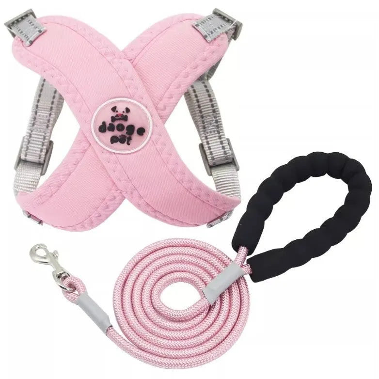 Polyester dog harness and lead set in matching colours with adjustable vest and hand-holding rope