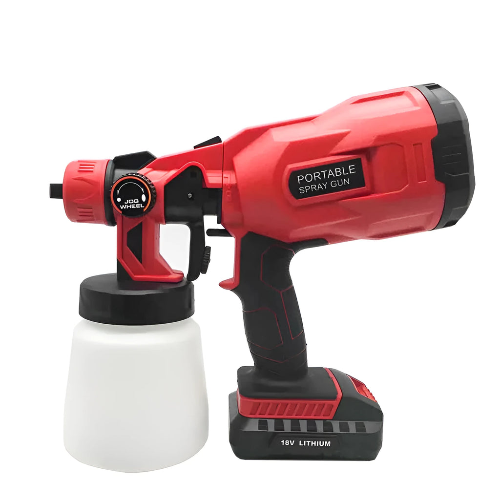 Blue cordless paint spraying machine with a large fluid tank and a detailed nozzle.
