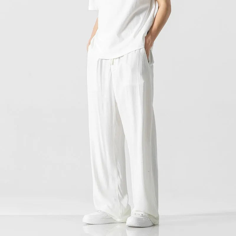 Men's bamboo fibre linen trousers with drawstring waist in straight-leg cut