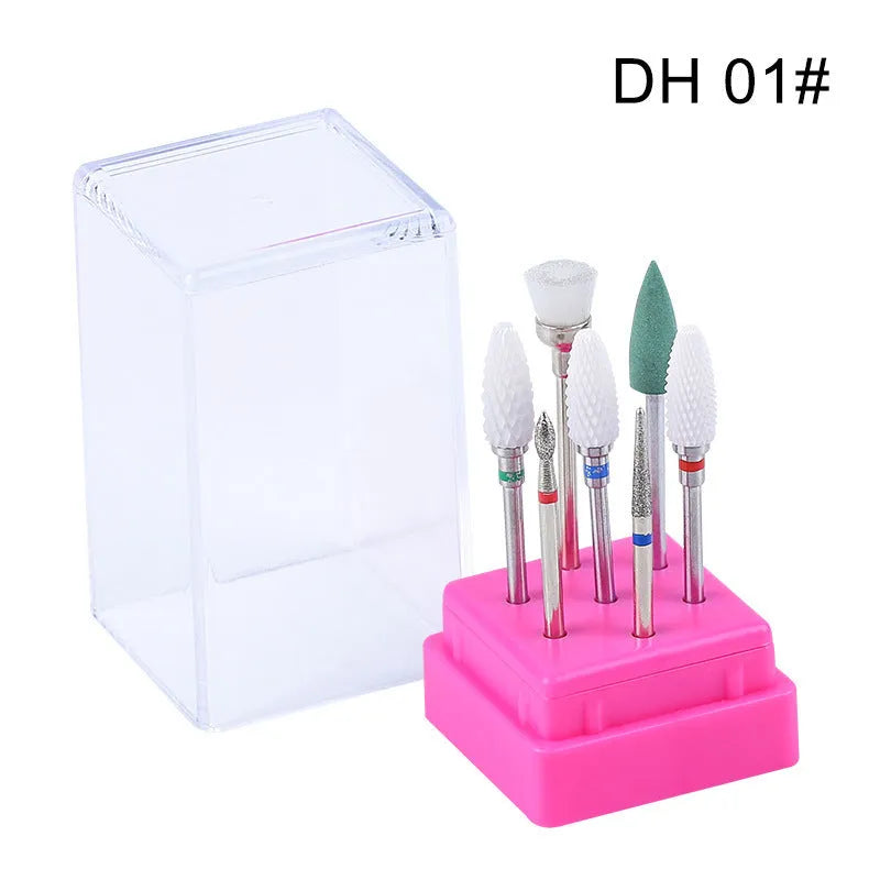 Tungsten steel nail drill polishing head set with 6 bits and 1 brush in transparent case