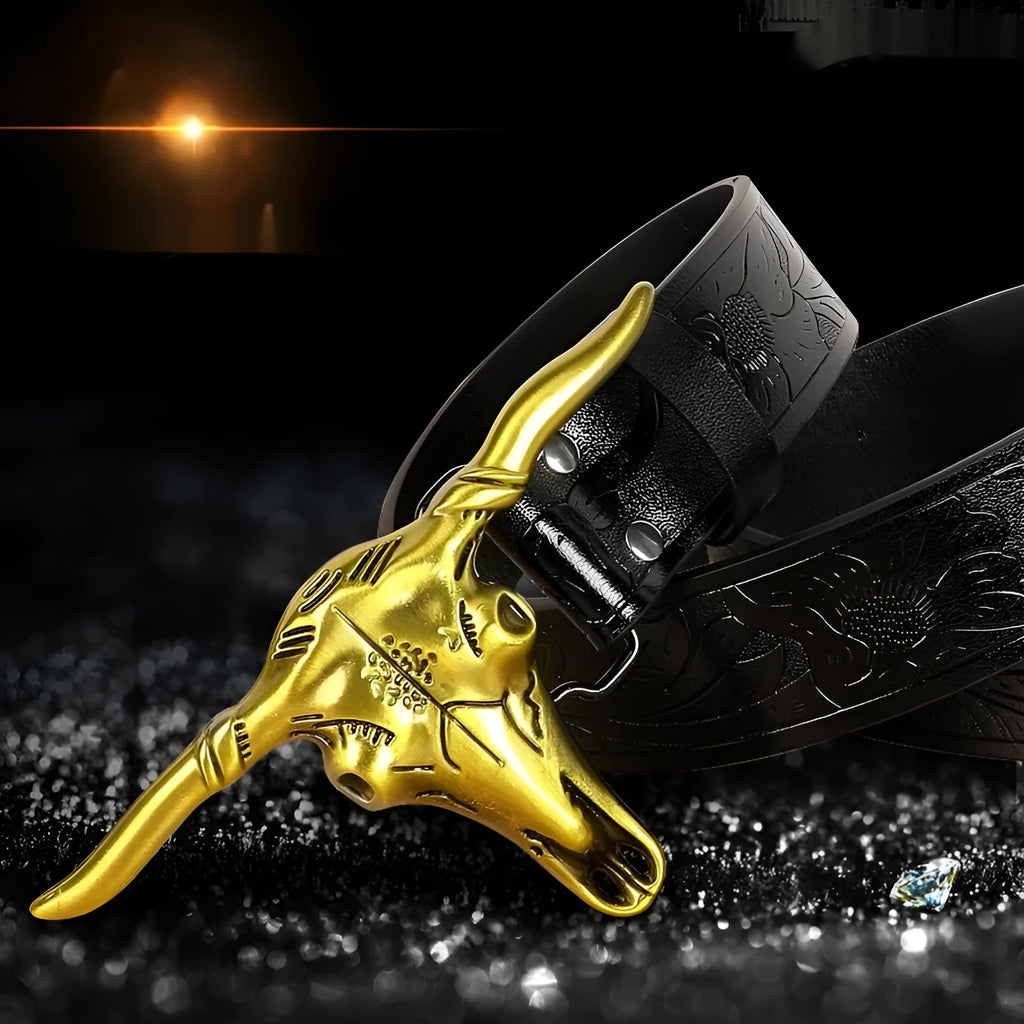 Cow head buckle men's imitation leather belt in black and brown colour options showing decorative alloy buckle detail