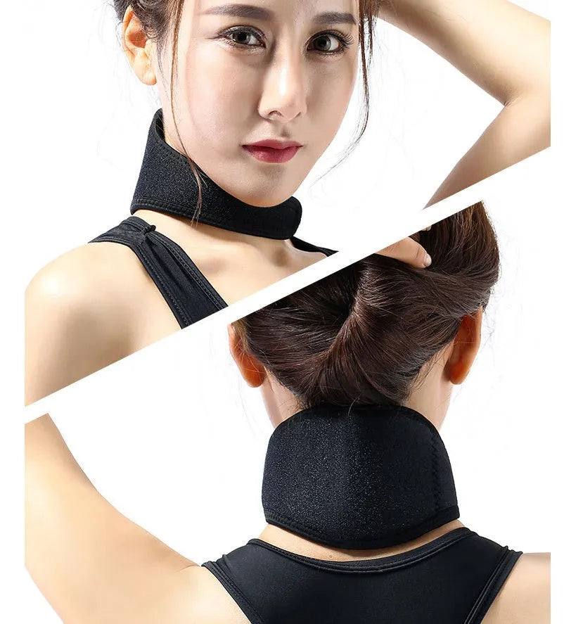 Black self-heating magnetic neck guard with adjustable shoulder strap on a grey background.