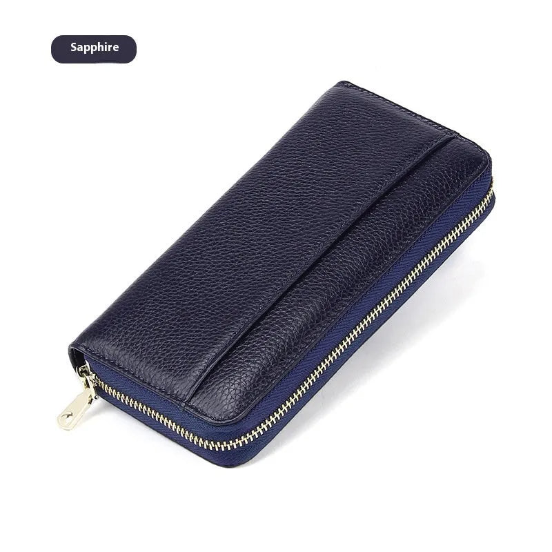 Genuine leather long wallet for women in multiple colours with large capacity and anti-theft card slots.