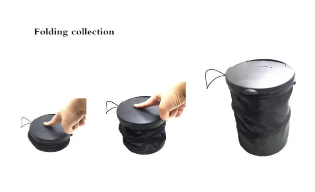 Black cylindrical foldable car trash bin 16x20.5cm with adjustable strap for vehicle cleaning and storage on a seat